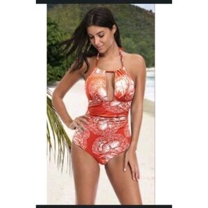Eomenie One-Piece Swimsuit Orange /White Sunburst Floral Women's Size Large